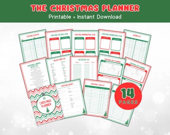 May include: A printable Christmas planner with 14 pages, featuring a red and green chevron pattern on the cover. The planner includes sections for stocking stuffers, Christmas Eve meal plan, Christmas morning meal plan, Christmas evening meal plan, baking list, Christmas and winter bucket list, holiday home to-do, master gift list, Christmas gift planner, Christmas budget, Christmas card list, and more.