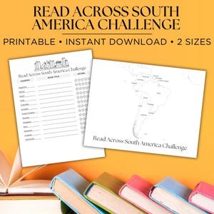 May include: Printable reading challenge checklist with a map of South America and a list of countries to read books from. The checklist includes a column for the book title and a rating system.