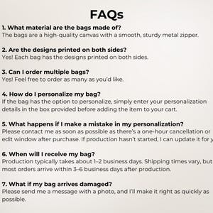 May include: A list of FAQs regarding canvas bags with metal zippers, covering material, double-sided printing, bulk orders, personalization instructions, error correction, production timelines, and procedures for handling damaged items upon arrival.