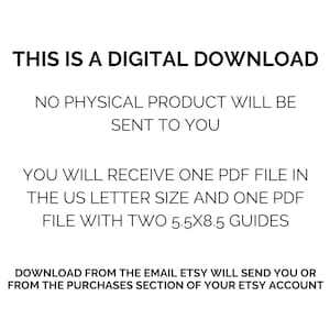 Puede incluir: Texto sobre un fondo blanco que dice: "Esta es una descarga digital. No se enviar&aacute; ning&uacute;n producto f&iacute;sico. Recibir&aacute;s un archivo PDF en tama&ntilde;o carta de EE. UU. y un archivo PDF con dos gu&iacute;as de 5,5x8,5. Descarga desde el correo electr&oacute;nico que Etsy te enviar&aacute; o desde la secci&oacute;n de compras de tu cuenta de Etsy."