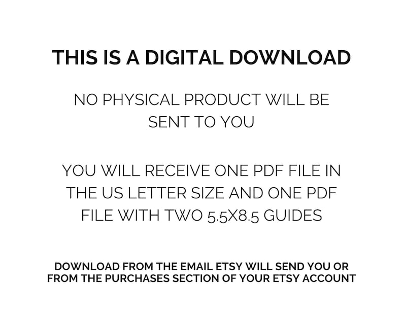 Puede incluir: Texto sobre un fondo blanco que dice: "Esta es una descarga digital. No se enviar&aacute; ning&uacute;n producto f&iacute;sico. Recibir&aacute;s un archivo PDF en tama&ntilde;o carta de EE. UU. y un archivo PDF con dos gu&iacute;as de 5,5x8,5. Descarga desde el correo electr&oacute;nico que Etsy te enviar&aacute; o desde la secci&oacute;n de compras de tu cuenta de Etsy."