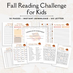 May include: Printable fall reading challenge for kids with 10 pages. Includes a book log, reading notes, bingo cards, and a certificate of achievement.