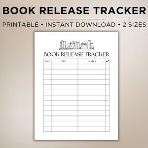 Op de afbeelding: Printbare boekreleasetracker met een zwart-witte illustratie van een boekenplank met boeken. De tracker heeft kolommen voor datum, titel, auteur en een vinkje.