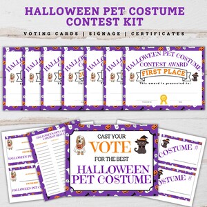 May include: A Halloween Pet Costume Contest Kit with voting cards, signage, and certificates. The kit includes certificates, voting cards, and signage with Halloween-themed graphics, including pumpkins, ghosts, and costumed dogs and cats. The text reads "Halloween Pet Costume Contest".