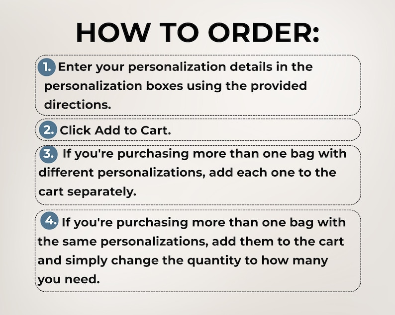 May include: A four-step instructional guide titled HOW TO ORDER: 1. Enter your personalization details in the personalization boxes using the provided directions. 2. Click Add to Cart. 3. If you're purchasing more than one bag with different personalizations, add each one to the cart separately. 4. If you're purchasing more than one bag with the same personalizations, add them to the cart and simply change the quantity to how many you need.