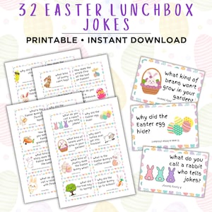 May include: A set of 32 printable Easter lunchbox jokes. The cards feature colourful illustrations of bunnies, eggs, and other Easter-themed imagery. The text on the cards includes jokes and puns about Easter.
