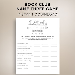 Book Club Name Three Game, Book Club Icebreaker Game, Book Club Games, Book Club Party Game, Game for Book Readers