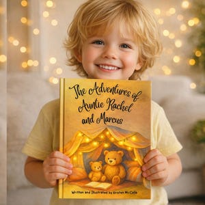 May include: A hardcover book titled The Adventures of Auntie Rachel and Marcus, written and illustrated by Kristen McCalla. The cover features an illustration of two brown teddy bears inside a glowing tent, with warm yellow lights overhead.