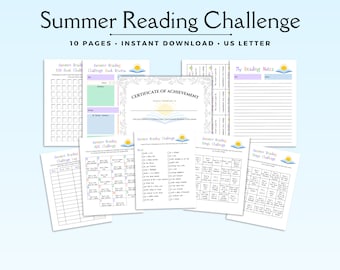 Puede incluir: Un conjunto de 10 páginas imprimibles para un desafío de lectura de verano. El conjunto incluye un desafío de 100 libros, un rastreador de libros de desafío, un certificado de logro, un desafío de bingo, un registro de lectura y una página de notas de lectura. Las páginas están decoradas con un esquema de color azul claro, verde y rosa y presentan un sol con un diseño de libro.
