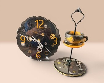 Steampunk Decor Set Clock + Mini Tier Tray | Jewelry Stand Bundle Handcrafted