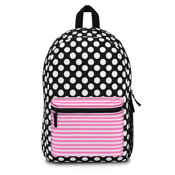 School Backpack, Classic Bookbag Women and Teen Girl, Pink Polka Dot Schoolbag for High School College,Travel Black and Pink Preppy Backpack