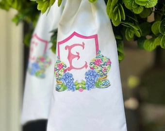 Personalized wreath sash grandmillenial, chinoiserie, outdoor fabric