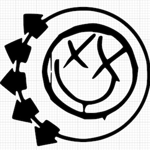 May include: Black and white graphic of a smiley face with crossed-out eyes and a curved mouth. A series of four arrows are connected to the left side of the smiley face. The design is a simple, bold illustration.