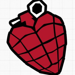 May include: A red heart-shaped grenade design with black outlines. The top features a white and black circular design. The grenade is divided into sections by black lines. The design is on a white grid background.