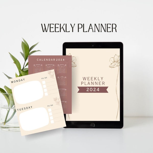 Undated Brown Aesthetic Digital Weekly Planner with Calender; 6 Pages; Includes all days of the week.