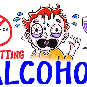 May include: A cartoon illustration of a person with red hair and a worried expression. The person is sweating and has red, bloodshot eyes. The person is holding their head and looking away from a glass of purple wine and a bottle of beer labeled "XX". A red circle with a diagonal line through it shows the chemical formula for ethanol, with the text "QUITTING ALCOHOL" below.