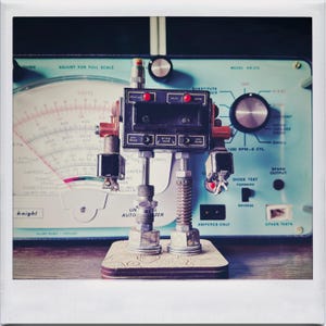 Retro Robot Sculpture – Handmade 6” Tall Robot Art from Repurposed Auto Analyzer Parts – One of a Kind Steampunk Decor