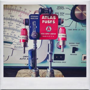 Atlas Fuse Tin Robot – 4.5” Handmade Vintage Robot Art from Repurposed Parts – Red & Blue Vintage Industrial Art – One of a Kind Gift