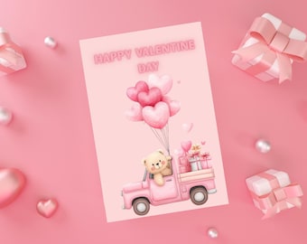 Valentinstag digitale Karte, süßer Teddybär LKW zum Ausdrucken, Valentinstag Karte mit Luftballons & Geschenke, Gruß, sofortiger Download