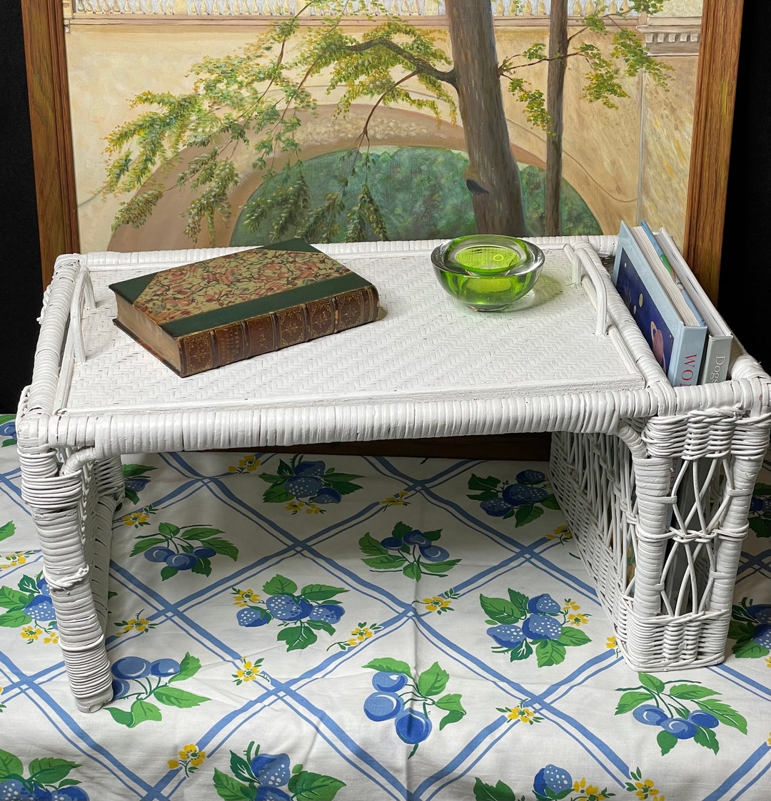 White Wicker Bed Tray With Side Basket Etsy