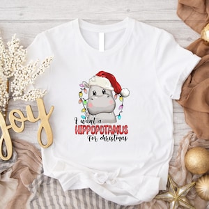 Eu quero um hipopótamo para a camiseta de Natal, camiseta fofa de hipopótamo de Natal, camiseta engraçada de hipopótamo de férias, camiseta feminina de inverno de hipopótamo