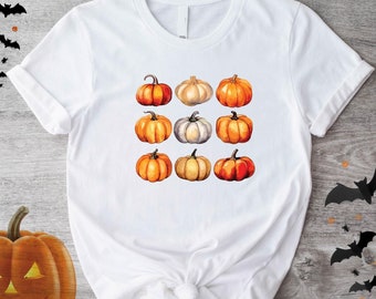 パンプキンハロウィンTシャツ、かわいいハロウィンシーズンシャツ、ハロウィンパーティーレディースTシャツ、パンプキンラバーズTシャツ、感謝祭パンプキンシャツ