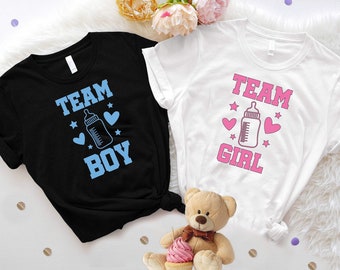 性別発表チーム男の子チーム女の子Tシャツ、出産発表シャツ、妊娠発表スウェットシャツ、ママとパパになるTシャツ、ベビーシャワーTシャツ