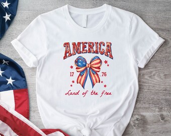 Coquette 4th Of July T-Shirt, America Land Of Free Since 1776 Shirt, Independence Day Tee, American Flag Shirt, Red White And Blue Shirt