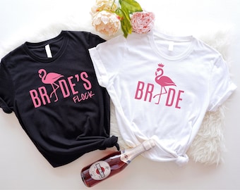 Bride And Bride's Flock T-Shirts, Bride Squad Shirts, Flamingo Theme Bachelorette Party Tees, Bridesmaid Proposal Shirts, Bridal Party Shirt