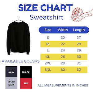 Op de afbeelding: Maattabel voor een sweatshirt met metingen in inches. De tabel toont maten S tot en met 3XL met bijbehorende breedte- en lengtemetingen. Beschikbare kleuren zijn marineblauw, zwart, sportgrijs en rood.