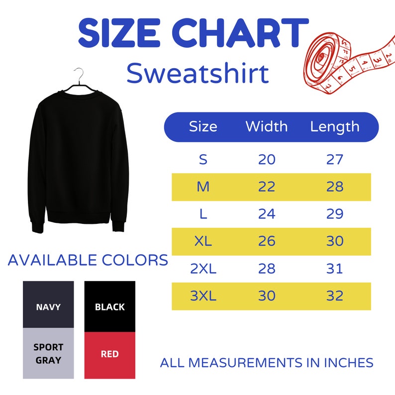 Op de afbeelding: Maattabel voor een sweatshirt met metingen in inches. De tabel toont maten S tot en met 3XL met bijbehorende breedte- en lengtemetingen. Beschikbare kleuren zijn marineblauw, zwart, sportgrijs en rood.