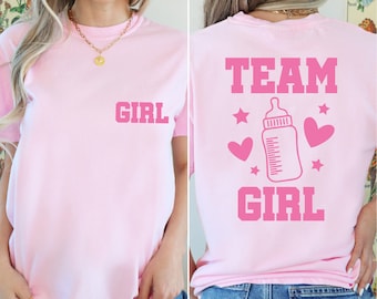 T-shirt teammeisje jongen achterkant en voorkant, shirt gender Reveal party, roze of blauw T-shirt, hij of zij-shirt, T-shirt babyshowercadeau, babyaankondiging.