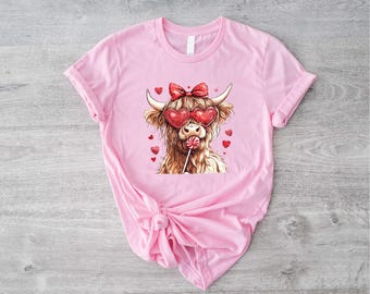 Highland Cow Valentine T-shirt, Valentijnsdag schattig shirt, T-shirt boerderijdieren, Western Valentine T-shirt, Valentine-shirt meisjes, T-shirt koeienliefhebber, T-shirt koeienliefhebber
