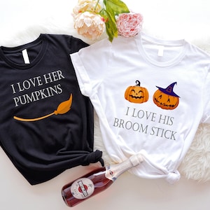 I Love His Broom Stick T-Shirt, I Love Her Pumpkins Shirt, Funny Couple Halloween Matching Tee, Witcher Stick And Pumpkin Sweatshirt, Hoodie