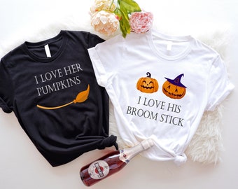 I Love His Broom Stick T-Shirt, I Love Her Pumpkins Shirt, Funny Couple Halloween Matching Tee, Witcher Stick And Pumpkin Sweatshirt, Hoodie