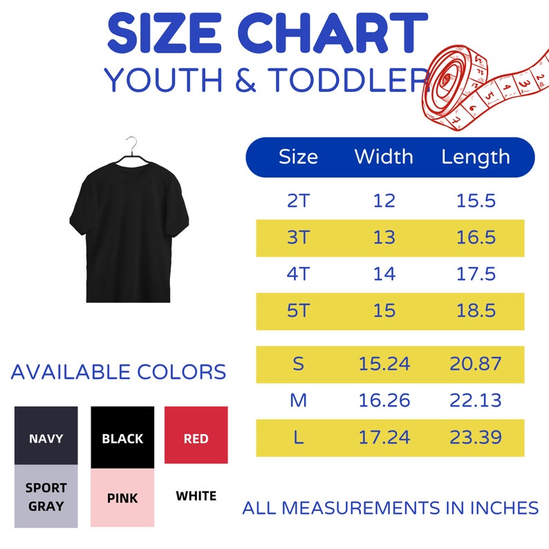 Op de afbeelding: Maattabel voor T-shirts voor kinderen en peuters. De tabel toont maten 2T tot 5T en S, M en L. De maten zijn in inches voor breedte en lengte. Beschikbare kleuren zijn marine, zwart, rood, sport grijs, roze en wit.
