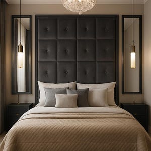 Peut inclure: Intérieur de chambre avec une tête de lit capitonnée, un lit et des coussins décoratifs. Le lit est recouvert d'une couverture matelassée beige. Deux miroirs encadrent la tête de lit, et des lampes suspendues sont de chaque côté. Un lustre en cristal est suspendu au plafond.