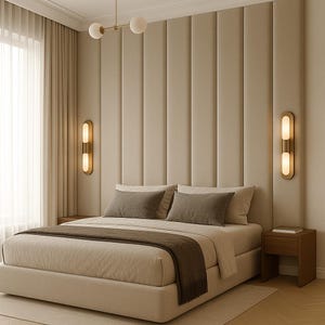 May include: A modern bedroom featuring a beige upholstered headboard with vertical panels. The bed has a neutral-toned comforter and pillows, complemented by a brown throw. Wall sconces and a pendant light add to the room's contemporary design.