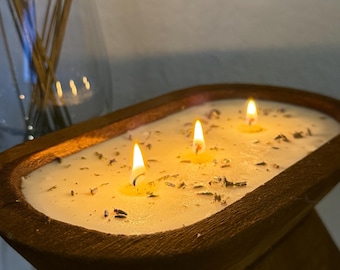 Handmade Cedar & Lavender Soy Candle – Rustic Wooden Bowl, 3-Wick