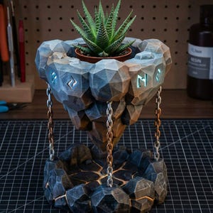 Peut inclure: Un pot de fleurs artisanal avec un design géométrique en forme de pierre. Le pot est suspendu par des chaînes et contient une petite plante succulente. La palette de couleurs comprend des nuances de gris, de brun et de vert. Le pot mesure environ 20 cm de hauteur.