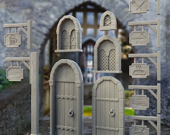 May include: A selection of miniature medieval architectural pieces. The set features arched doorways, windows, and shop signs with symbols such as a beer mug, bread, and crossed knives. All items are in a neutral, weathered grey colour.