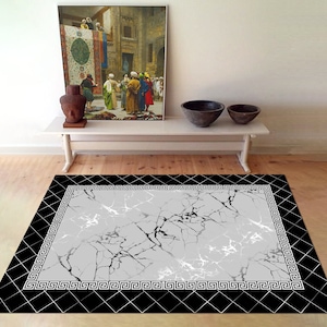 Black and Gray Rug, Modern Rug, Area Rug, Non Slip Rug, Washable Rug, Rug for Bedroom,Living Room Rug, Marble Pattern Rug, Luxury Rug,