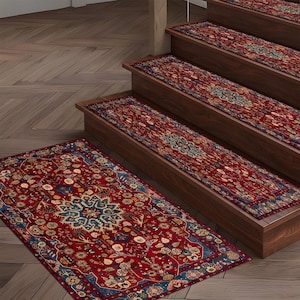 Vintage Oriental Stair Rug, Ruby Red Sunburst Medallion Runner, Bohemian Cotton