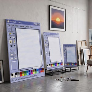 May include: Three large, framed artworks resembling the classic Windows Paint program interface. The frames are light blue with a white canvas area and colorful palette at the bottom. The text "untitled - Paint" is visible. Paint tubes and brushes are on the floor.