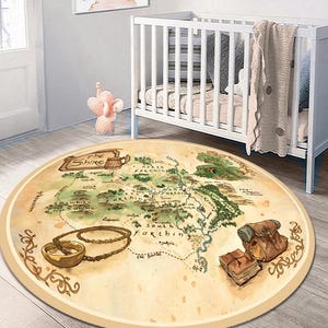 Tapis carte rond, tapis moderne, tapis pour chambre d'enfant, tapis de cinéma populaire, tapis fantastique, tapis carte, tapis carte antique, carte des anneaux, tapis avec anneaux, carte de la Terre du Milieu,