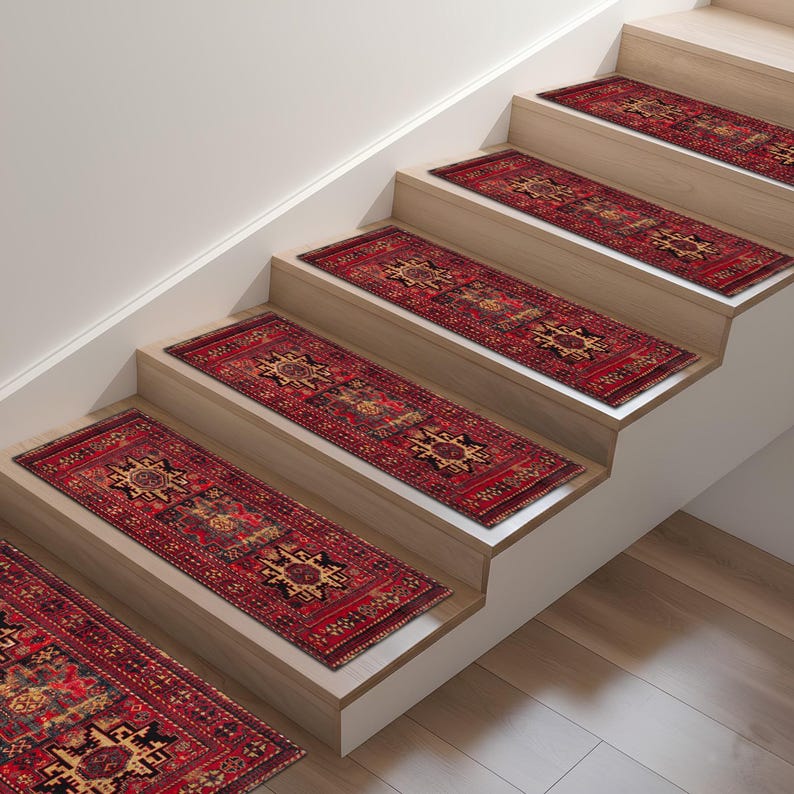 Riser Rug Vintage Crimson Oriental Stair Rug, Antique Red Tribal Medallion Step ...