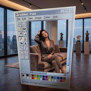 May include: A woman in a brown satin outfit sits on a brown sofa, framed by a large, stylized computer window labeled "untitled - Paint." The window displays a classic paint program interface with tools and color options. The background shows a cityscape.