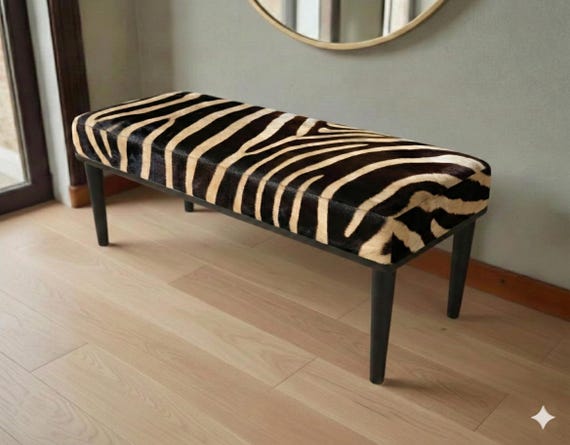 Zebra Patterned Bench, Living Room Bench, Bedroom Bench, Cream Color and White Bench