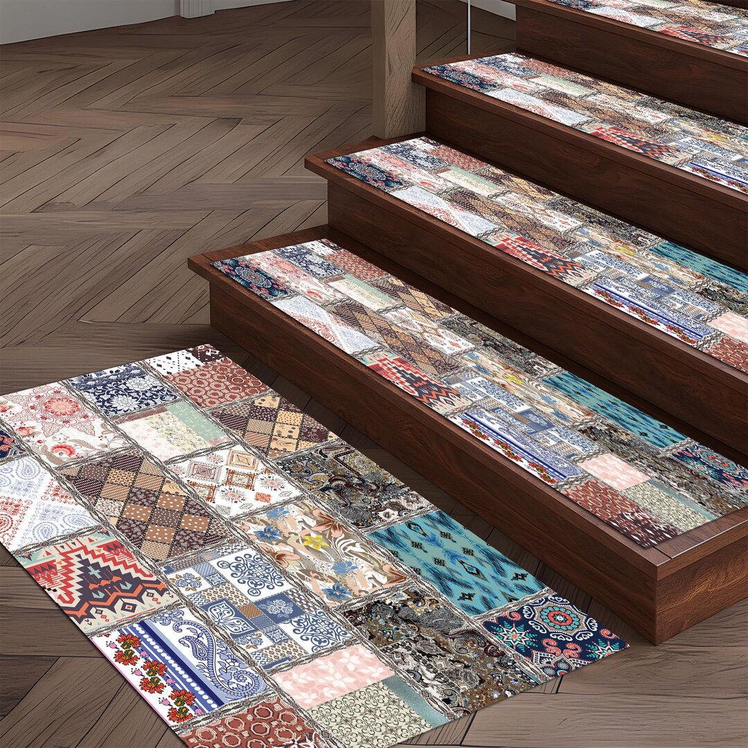 Staircase Rug Designs Modern Patchwork Mosaic Stair Rug, Colorful Eclectic Pattern Step ...