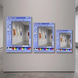 May include: Three framed images of a gallery scene are displayed on a wall, each within a blue Windows Paint window frame. The text "untitled - Paint" is visible at the top of each frame. The gallery features framed art.